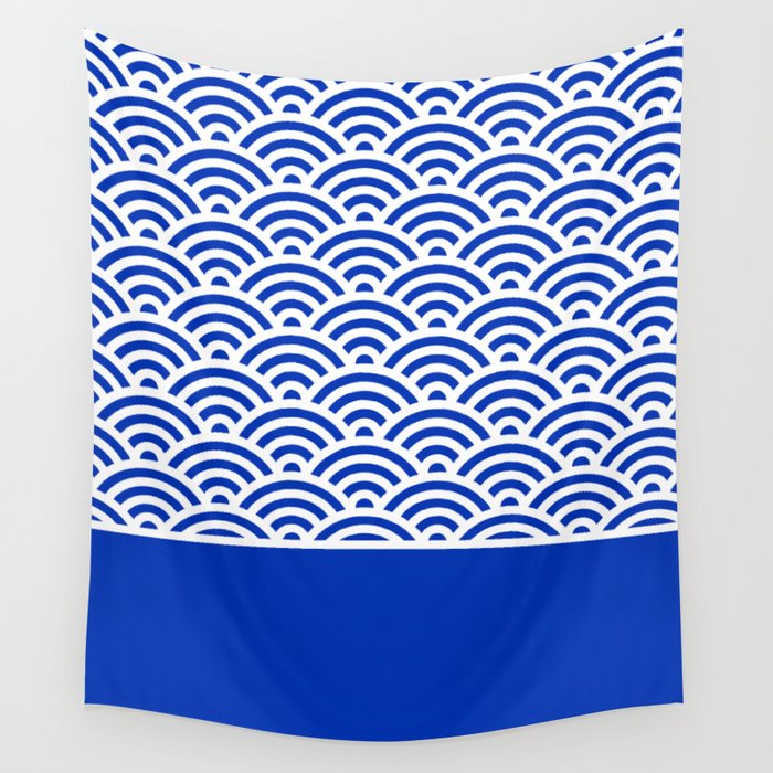 Dark Blue Seigaiha Wave Crest With Solid Panel Wall Tapestry