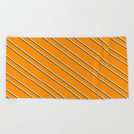 [ Thumbnail: Dark Orange, Beige, and Dark Slate Gray Colored Striped Pattern Beach Towel ]