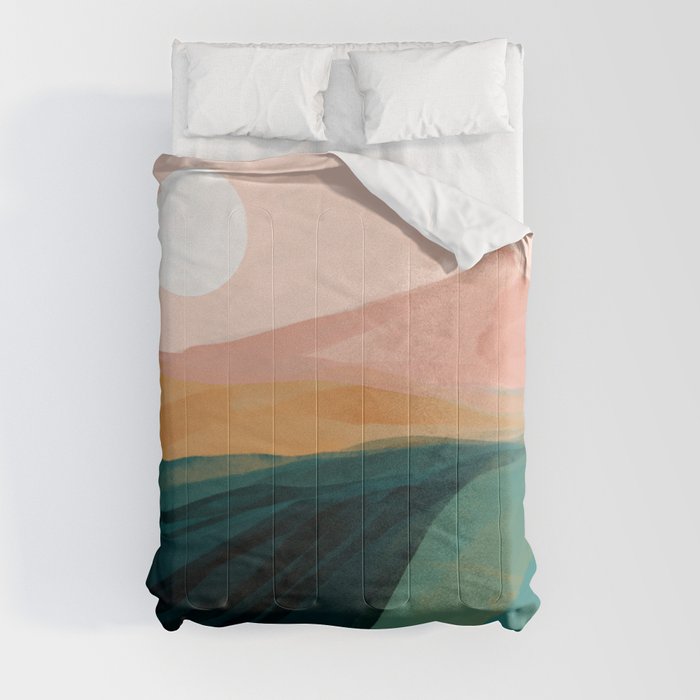 pink, green, gold moon watercolor mountains Comforter