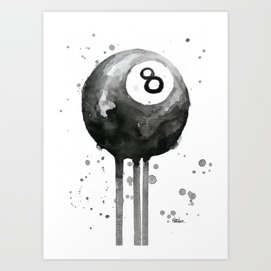 8-Ball Watercolor Black Pool Billiards Eight Ball Art Art Print