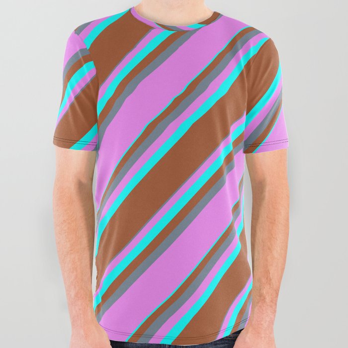 Slate Gray, Violet, Aqua & Sienna Colored Striped/Lined Pattern All Over Graphic Tee