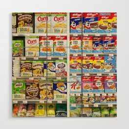 Cereal or cornflakes on shelf in supermarket. Wood Wall Art