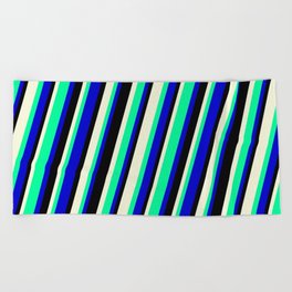 [ Thumbnail: Beige, Green, Blue, and Black Colored Striped/Lined Pattern Beach Towel ]