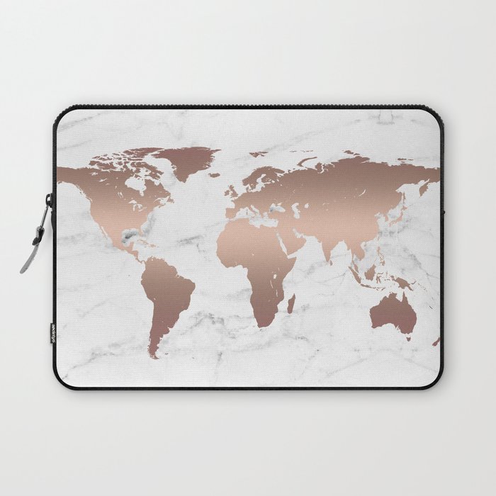 Rose Gold Metallic World Map on Marble Laptop Sleeve