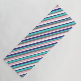 [ Thumbnail: Vibrant Gray, Pink, White, Dark Slate Blue & Turquoise Colored Striped Pattern Yoga Mat ]