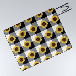 Sunflower And Black Buffalo Plaid Pattern,Black And White Buffalo Check,Checkered,Gingham,Farmhouse,Country.Flannel,Rustic,Summer, Picnic Blanket