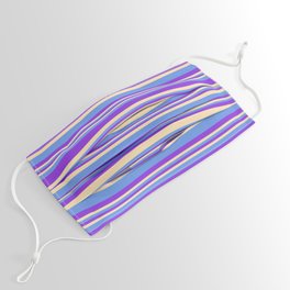 [ Thumbnail: Purple, Beige, and Cornflower Blue Colored Striped/Lined Pattern Face Mask ]