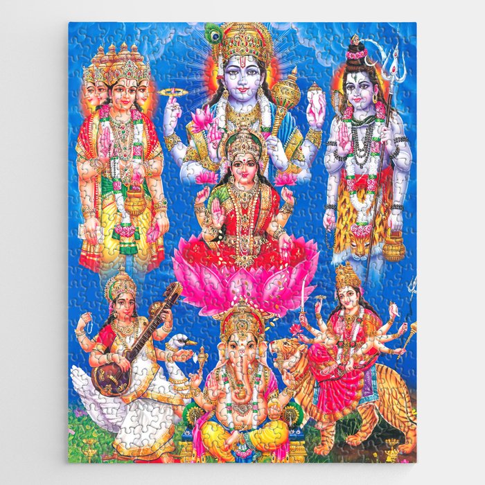 Lakshmi showering money with Ganesha, Saraswati, Shiva, Vishnu, and Durga  Jigsaw Puzzle