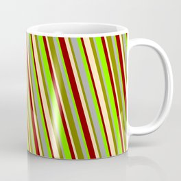 [ Thumbnail: Eye-catching Dark Grey, Green, Beige, Dark Red, and Chartreuse Colored Lined/Striped Pattern Coffee Mug ]
