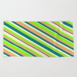 [ Thumbnail: Beige, Chartreuse, Light Salmon, and Teal Colored Lines Pattern Beach Towel ]
