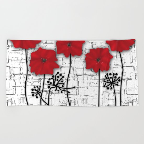 Poppies red n white background . Beach Towel