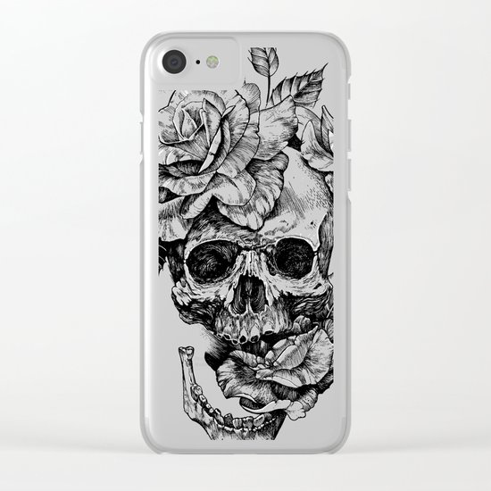Black and White skull with roses pen drawing Clear iPhone Case