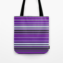 [ Thumbnail: Dark Orchid, Indigo, Light Cyan, and Black Colored Striped/Lined Pattern Tote Bag ]