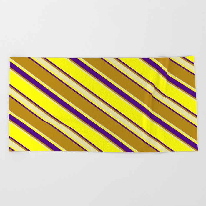 Yellow, Indigo, Dark Goldenrod, and Pale Goldenrod Colored Stripes/Lines Pattern Beach Towel