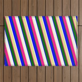 [ Thumbnail: Eye-catching Tan, Deep Pink, Dark Green, Blue, and White Colored Stripes Pattern Outdoor Rug ]