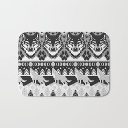 Fair isle knitting grey wolf // black and white wolves moons and pine trees Bath Mat