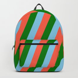 [ Thumbnail: Sky Blue, Red, and Green Colored Stripes Pattern Backpack ]