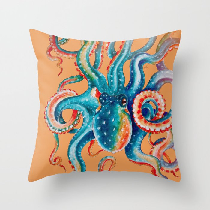 Octopus Teal Tentacles Orange Throw Pillow