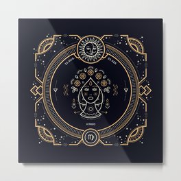 Virgo Zodiac Gold White on Black Background Metal Print