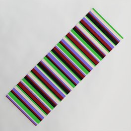 [ Thumbnail: Colorful Lime Green, Beige, Medium Slate Blue, Dark Red & Black Colored Stripes Pattern Yoga Mat ]