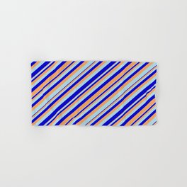 [ Thumbnail: Brown, Light Blue, and Blue Colored Lines Pattern Hand & Bath Towel ]