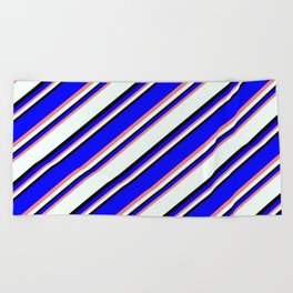 [ Thumbnail: Blue, Light Coral, Mint Cream & Black Colored Lined Pattern Beach Towel ]