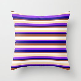 [ Thumbnail: Eyecatching Tan, Purple, Blue, Sienna & White Colored Lines/Stripes Pattern Throw Pillow ]