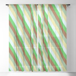 [ Thumbnail: Dark Sea Green, Tan, Light Cyan, Lime Green, and Brown Colored Pattern of Stripes Sheer Curtain ]