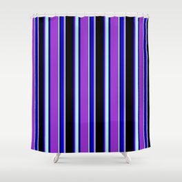 [ Thumbnail: Dark Orchid, Turquoise, Black, and Blue Colored Striped/Lined Pattern Shower Curtain ]