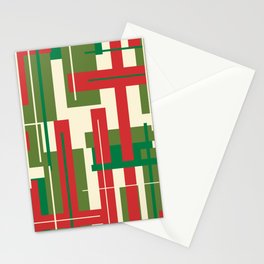 Mid Century Modern Deconstructed Christmas Plaid Pattern in Retro Red, Olive Green, and Xmas Cream Stationery Card