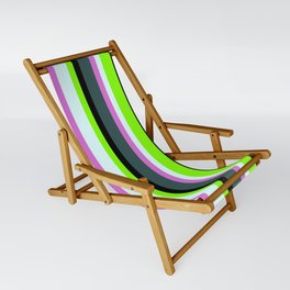 [ Thumbnail: Dark Slate Gray, Orchid, Light Cyan, Chartreuse & Black Colored Lines/Stripes Pattern Sling Chair ]
