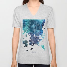 Helsinki Finland Map Navy Blue Turquoise Watercolor City Map V Neck T Shirt