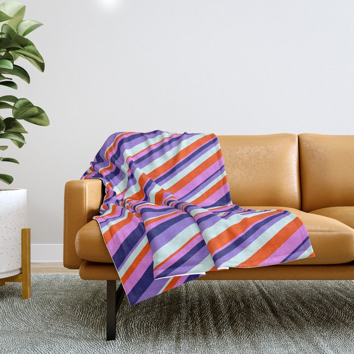 Colorful Red, Violet, Midnight Blue, Purple, and Light Cyan Colored Lined Pattern Throw Blanket