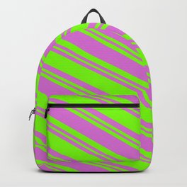 [ Thumbnail: Orchid & Green Colored Striped/Lined Pattern Backpack ]
