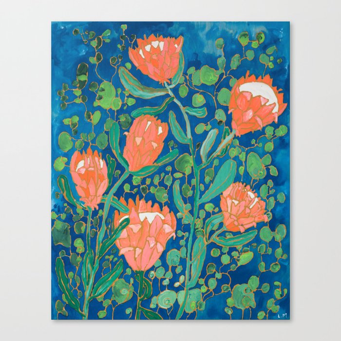 Coral Proteas On Blue Pattern Painting Canvas Print By