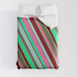 [ Thumbnail: Eyecatching Light Blue, Dark Olive Green, Hot Pink, Green, and Maroon Colored Striped/Lined Pattern Duvet Cover ]
