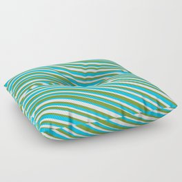 [ Thumbnail: Deep Sky Blue, Lavender, and Green Colored Lined Pattern Floor Pillow ]