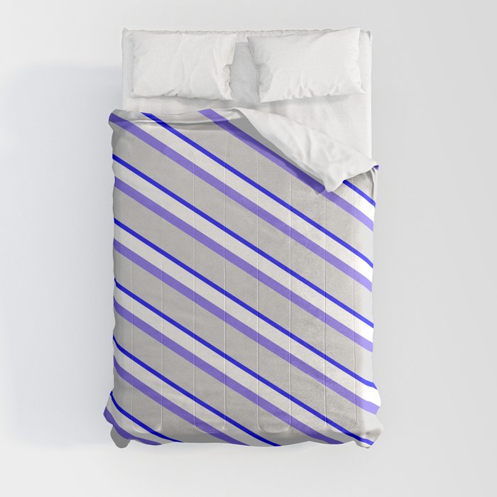 Medium Slate Blue, Light Grey, Blue & White Colored Striped/Lined Pattern Comforter
