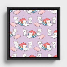 Cats and Books Pattern Framed Canvas