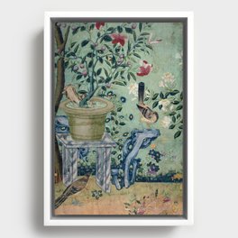 18th Century Antique Mint Chinoiserie Bird Garden Fresco 1740 Framed Canvas