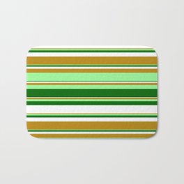 [ Thumbnail: Dark Goldenrod, Green, Dark Green, and White Colored Stripes Pattern Bath Mat ]