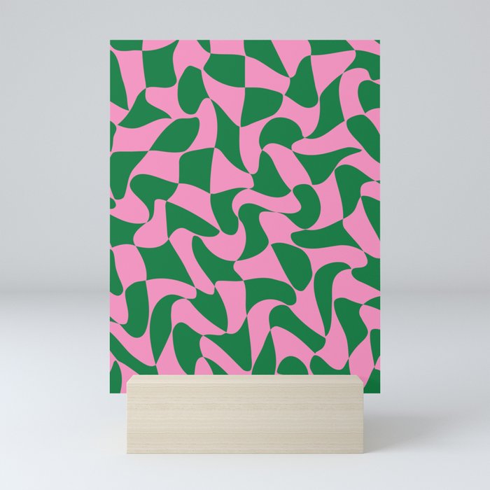 Green & Pink Warped Wavy Check Mini Art Print