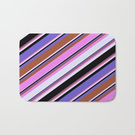[ Thumbnail: Vibrant Violet, Lavender, Black, Slate Blue, and Sienna Colored Lines/Stripes Pattern Bath Mat ]