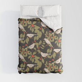 Winter Birds and Holly on Charcoal Comforter