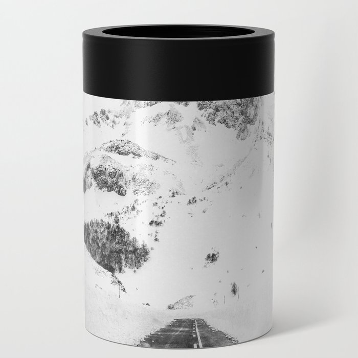 Mountains Snow Road Trip - Mountain Print - White Winter Wanderlust - Travel photography Can Cooler