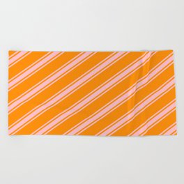 [ Thumbnail: Dark Orange and Pink Colored Lined Pattern Beach Towel ]