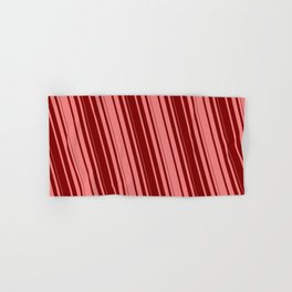 [ Thumbnail: Light Coral & Maroon Colored Stripes Pattern Hand & Bath Towel ]