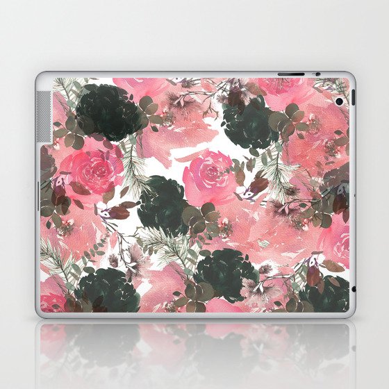 Watercolor dark green pink coral elegant floral Laptop & iPad Skin