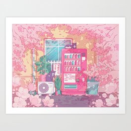 The cute cats, wending machine and pink cherry blossom Art Print
