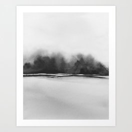 River Bank II - Black and White Foggy Trees on River Bank Watercolor Painting Art Print